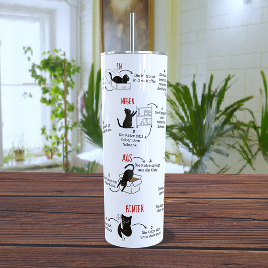 Termos educativ din inox – Prepozițiile în limba germană cu pisica (design amuzant & educativ)